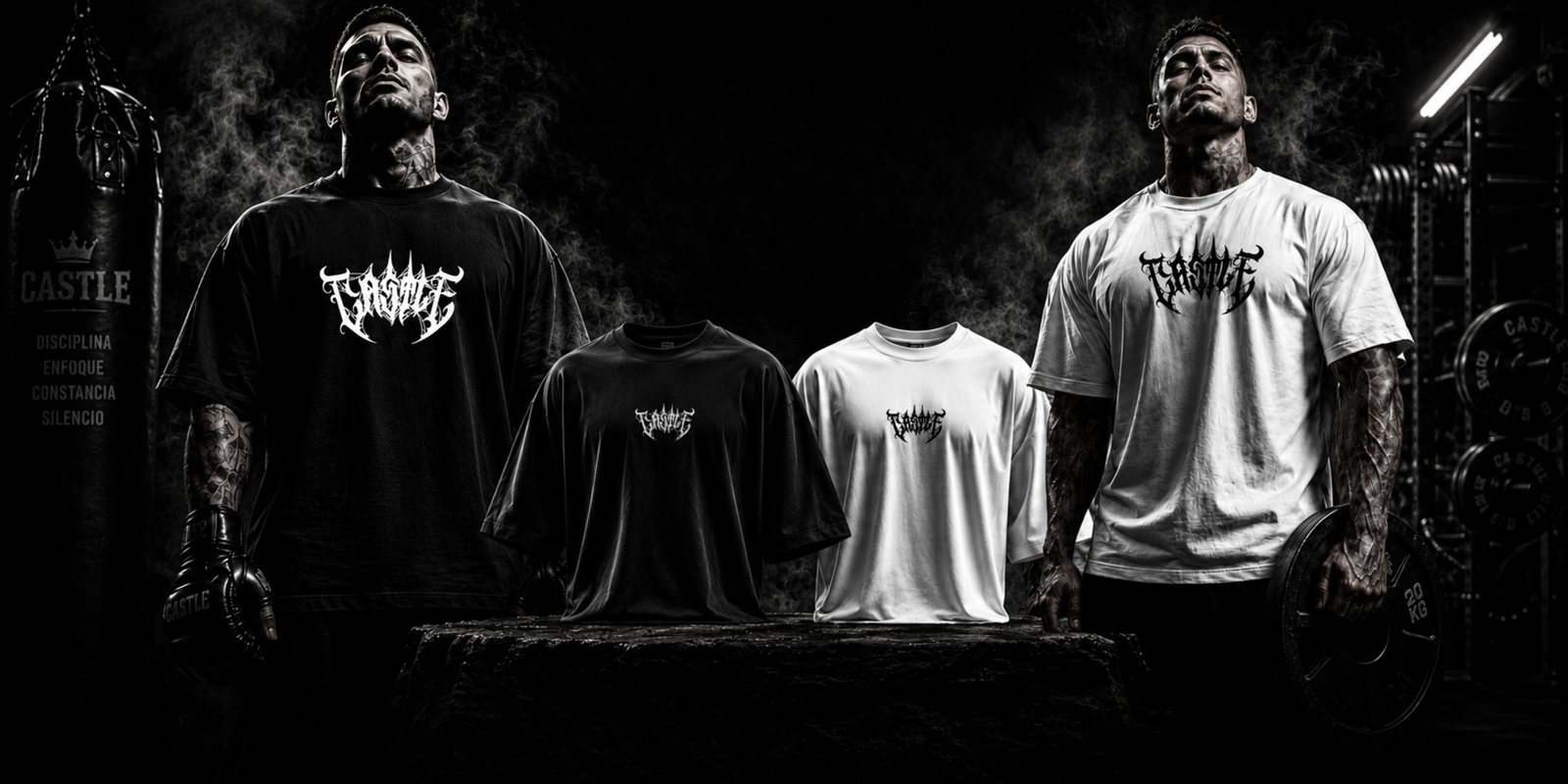 Campaña Castle: modelos con polos oversize negro y blanco y logo blackletter
